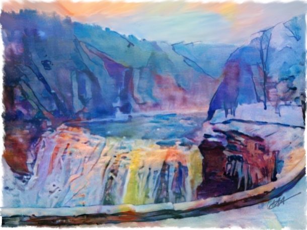 Letchworth Falls - Digital Painting by fellow blogger Gabe Burkhardt "http://www.almostunsalvageable.com/" . You can see the actual photo at "https://usathroughoureyes.com/2017/03/20/van-travels-letchworth-state-park-rochester-new-york-waterfalls/ .